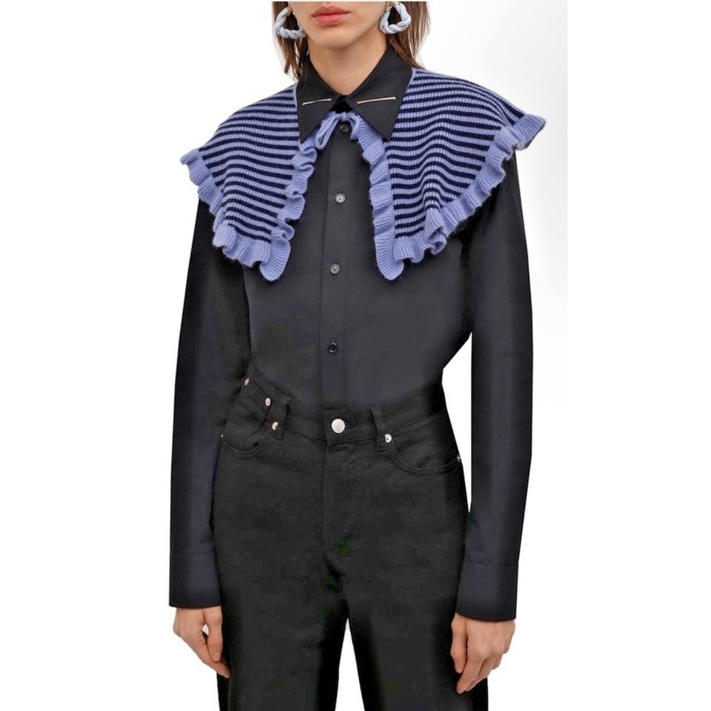 GANNI Women One Size Striped Ruffled Trim Collar Wool Cashmere Sky Captain